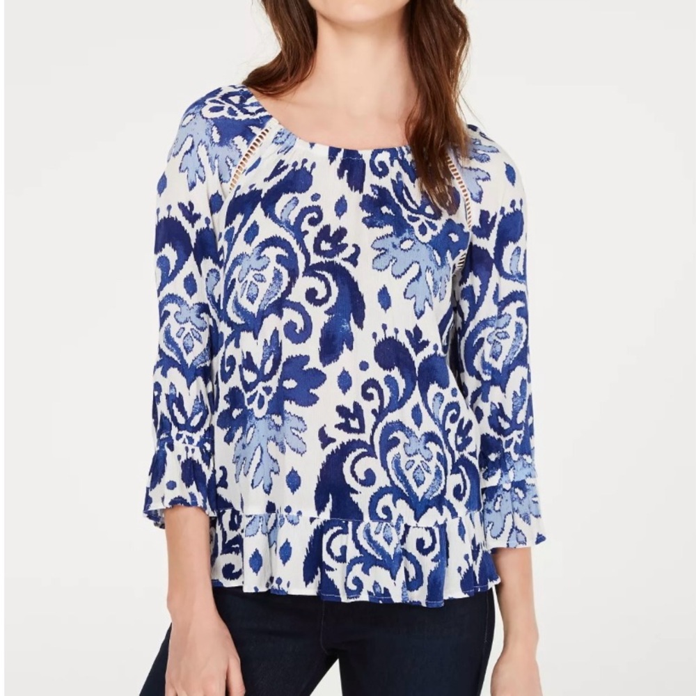 INC Women Blouson Sleeve Peasant Blouse in Harmonic Crest Blue M